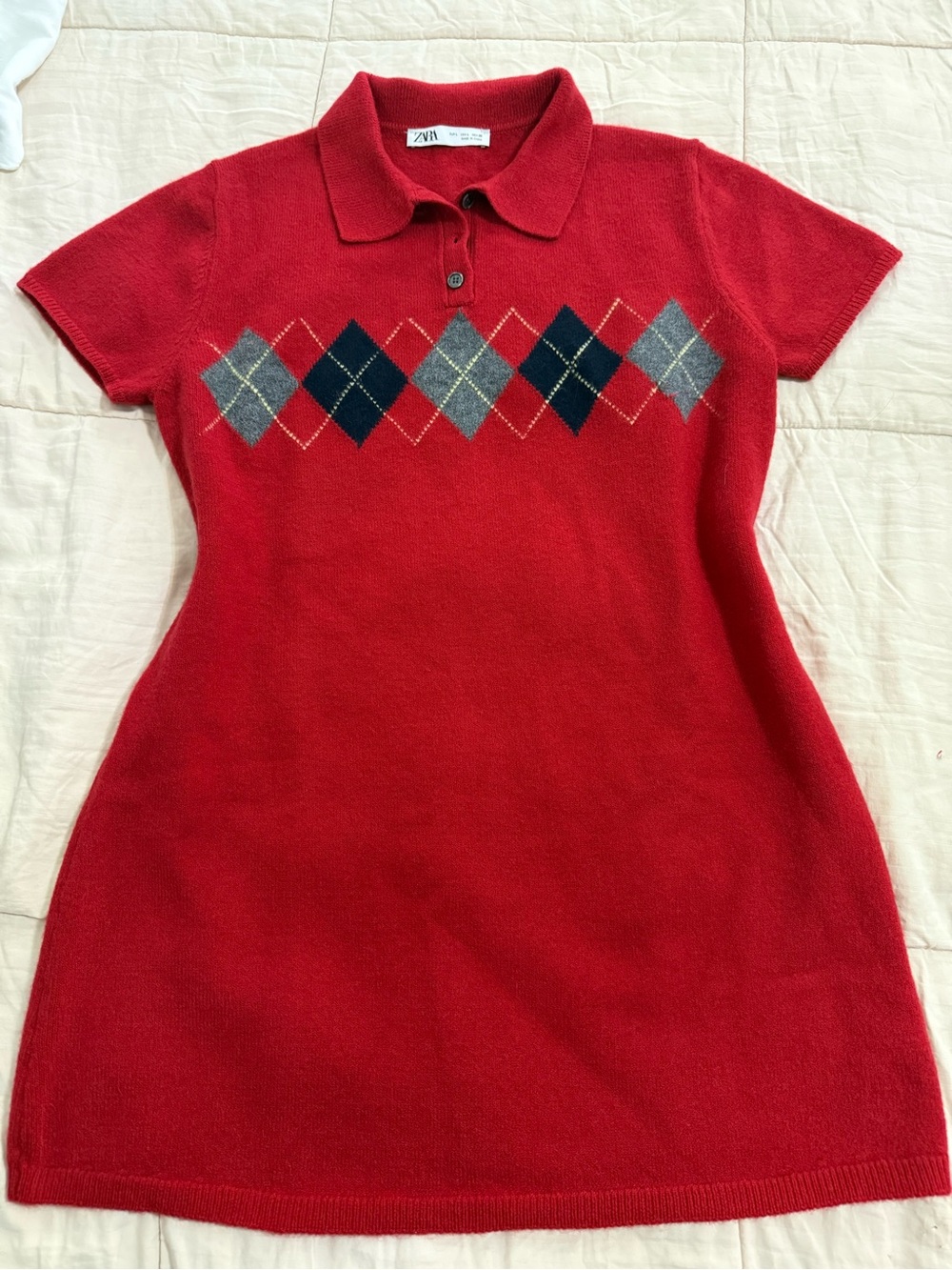 Zara Like New Red Argyle Sweater Mini Dress Preppy Academia Old Money